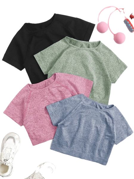 

4pcs seamless high stretch raglan sleeve crop sports tee n15n#, Gray