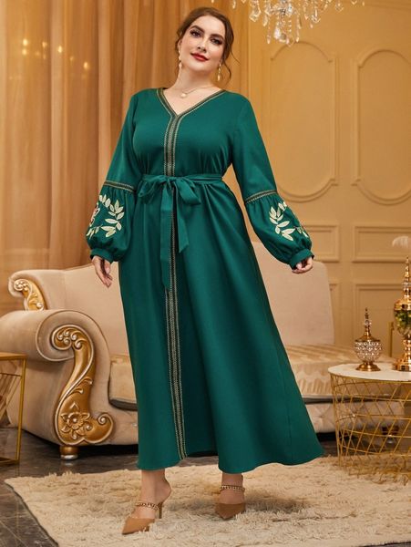 

plus floral embroidery lantern sleeve contrast tape belted dress e4b8#, Black