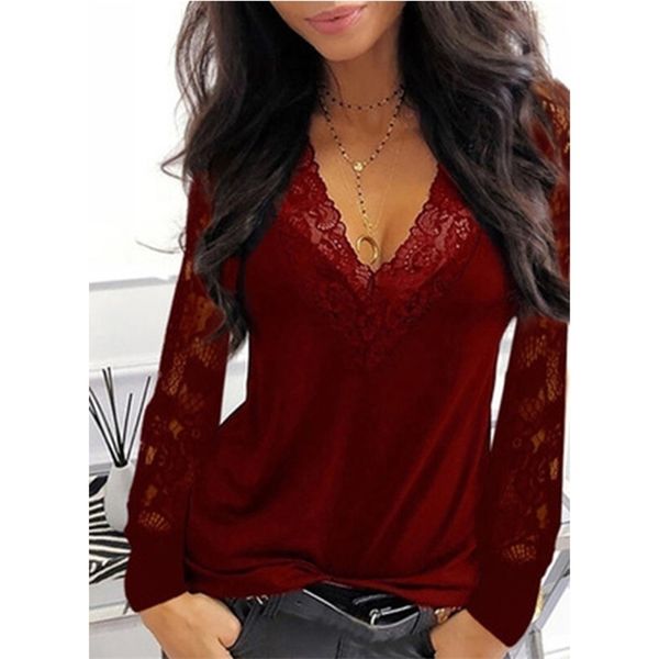 

casual v-neck lace long sleeve t-shirt for women spring winter clothes solid color black tee shirt office lady 220328, White