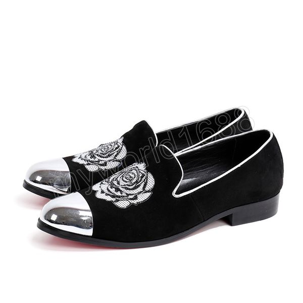 

rose pattern gentleman dress shoes black suede leather men party loafers casual man flat shoes smoking slippers