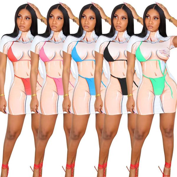 Summer Desginer 3d Cartoon Print Dress Sexy Parodia Bikini Indossa modello stampato manica corta sopra abiti al ginocchio per le donne Donna Donna