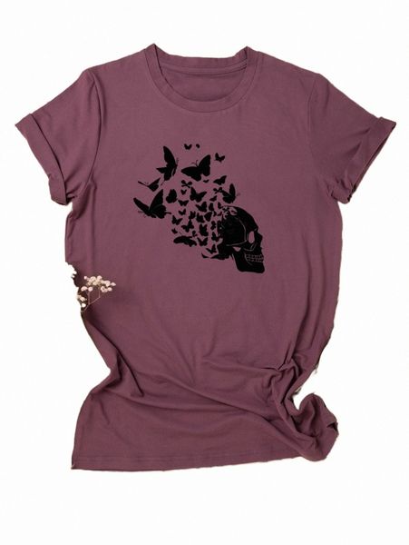 

plus butterfly & skull print tee l574#, Black