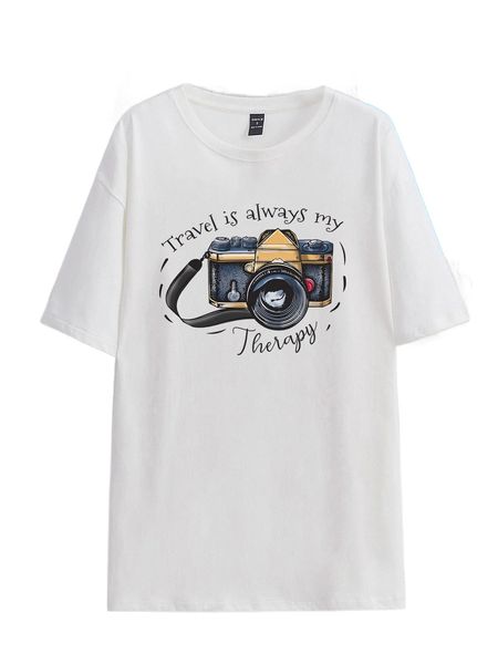 

x motivational slogan & camera print drop shoulder tee l3bz#, White