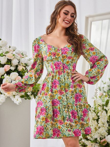 

sbetro allover floral print button front ruffle hem dress l0wm#, Black;gray