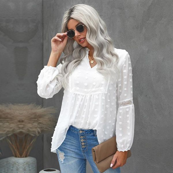 Frauen Blusen Shirts Chiffon Bluse Frauen 2022 Sommer V-ausschnitt Puff Sleeve Top Kleidung Arbeit Weißes Hemd