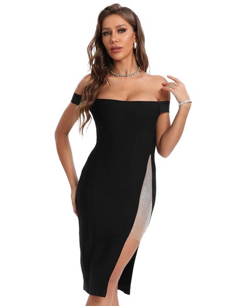 

off shoulder mesh panel rhinestone split thigh bandage dress y89l#, Black;gray