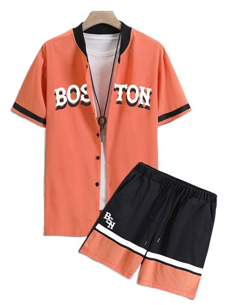 

men letter graphic shirt & drawstring waist shorts without tee g9ov#, Gray