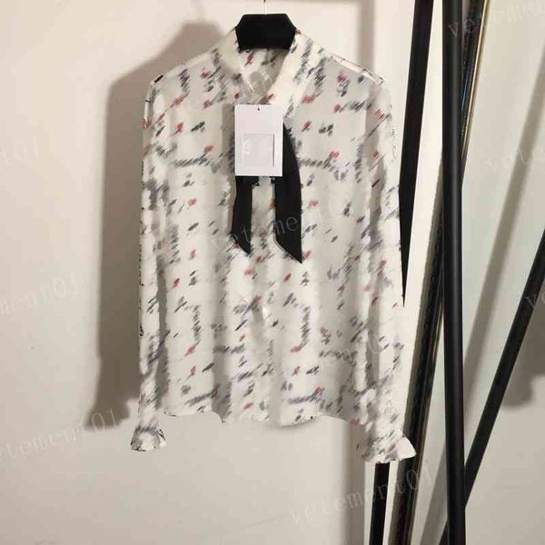 

womens shirts luxury c..nel temperament butterfly neck logo letter print long sleeve chiffon shirts fashion casual women clothing, White