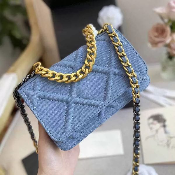 

sw 20cm small flap shoulder bag blue denim cowboy handbags designers gold-tone metal chain handle hardware quality luxury diamond quilting t