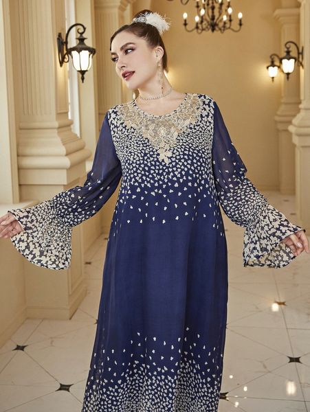 

plus random leaf print flounce sleeve dress f22k#, Black