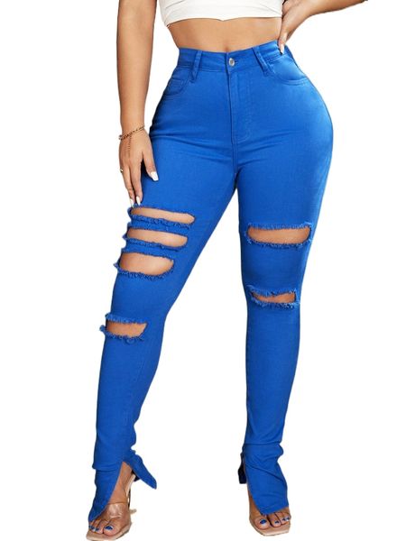 

sxy zipper fly ripped split hem skinny jeans t5sl#, Blue