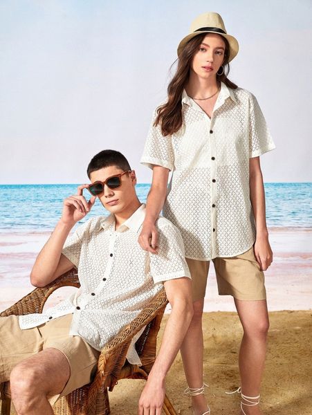 

1pc argyle pattern button through lace shirt a1mu#, White;black
