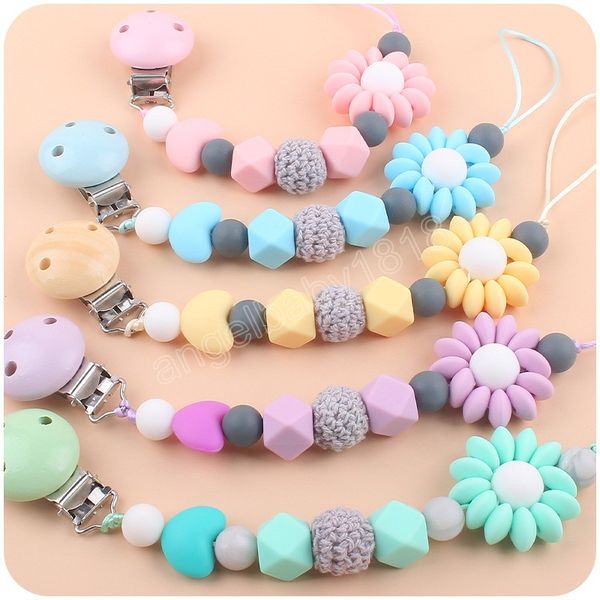 

baby pacifier holders chain clips creative sweet flowers love silicone teething hook beads infant feeding newborn practice toy