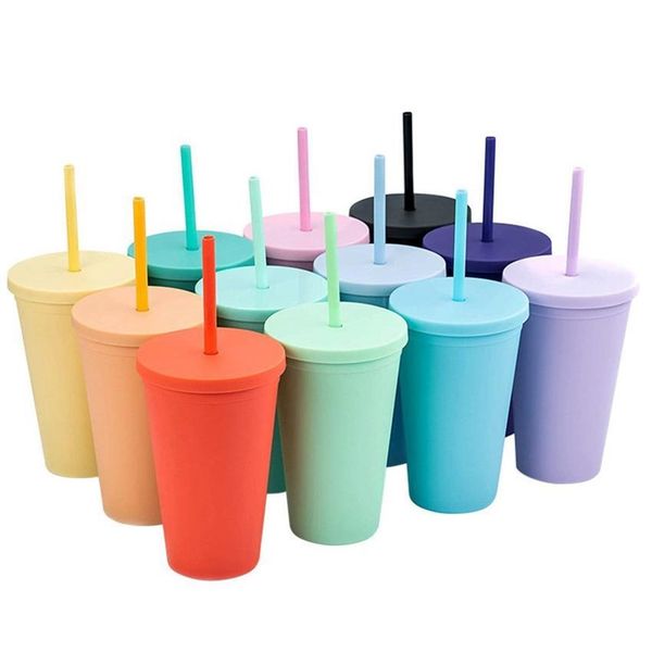 

16oz double layer plastic straw cups fashion adults and kids straight coffee cup tumblers candy colors