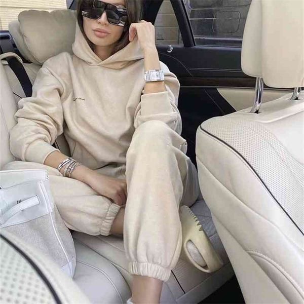 

winter women's clothing plus velvet warm 2 two-piece sports set hooded sweater trousers suit casual pants set 210331, Gray