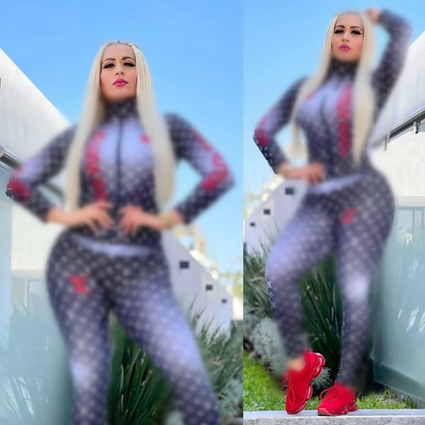 

2022 letter print tracksuits for womens long sleeve zipper and skinny pants sports casual 2 piece sets j2669, Gray