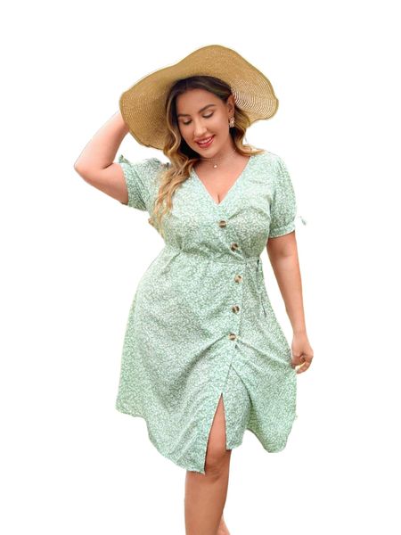 

plus ditsy floral print knot cuff wrap belted dress z2w4#, Black