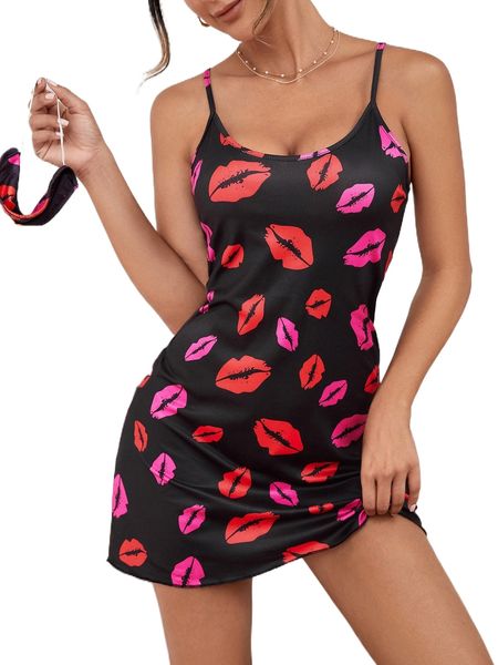 

lip print adjustable strap nightdress l75b#, Black;red