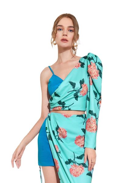 

x taii bangkok asymmetrical neck floral print cross wrap l1ks#, White