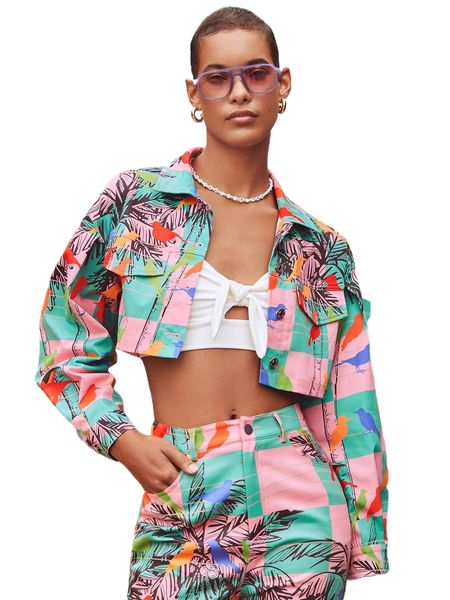 

x shaquita garcia bird & palm tree print drop shoulder crop jacket h2a1#, Black;brown