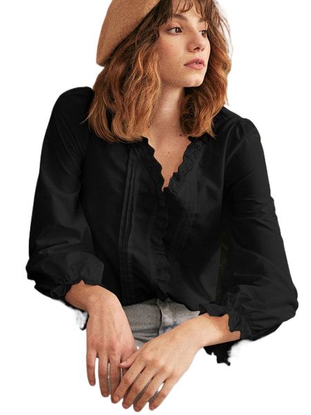 

contrast lace flounce sleeve blouse z10j#, White