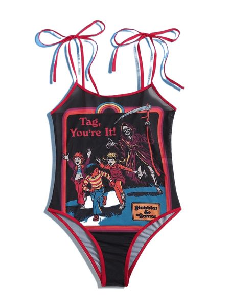 

romwe x stevenrhodes cartoon mesh teddy bodysuit m5ak#, Black;red