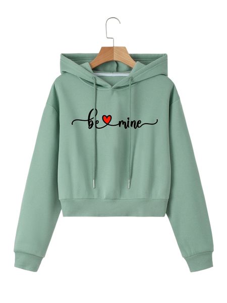 

heart & letter graphic drop shoulder drawstring thermal crop hoodie a68f#, Black