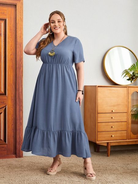 

emery rose plus v-neck high waist ruffle hem dress l9rj#, Black