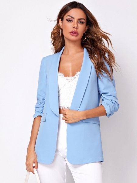 

shawl collar gathered sleeve flap detail blazer j5dd#, White
