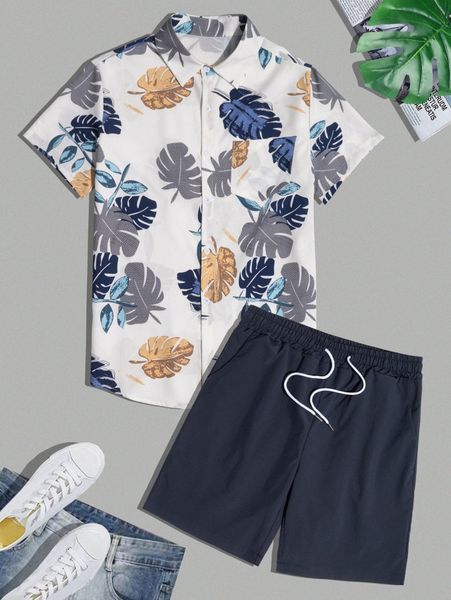 

men tropical print shirt & drawstring waist shorts r54d#, Gray