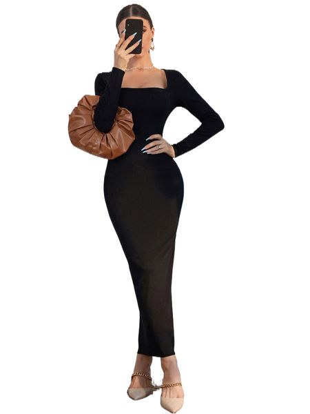 

square neck split back bodycon dress e09m#, Black;gray