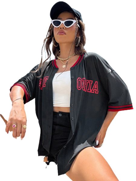 

letter graphic button front drop shoulder tee 229w#, White