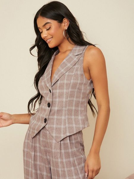 

club plaid print lapel collar blazer vest s83d#, White