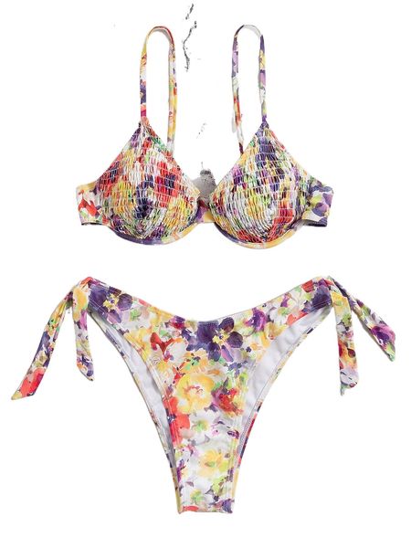

floral pattern halter smocked triangle bikini swimsuit h9jv#, White;black