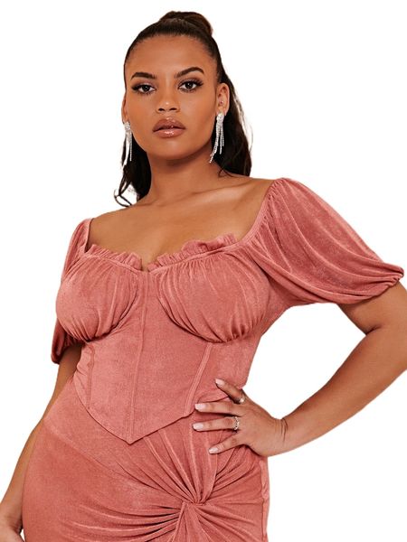 

bae plus frilled sweetheart neck puff sleeve bustier tee q7vn#, Black