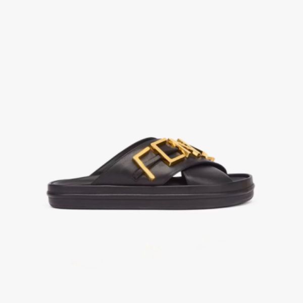 

aaaaa+ wide cross laces sandal slippers in black leather with gold metal fen lettering, made in italy