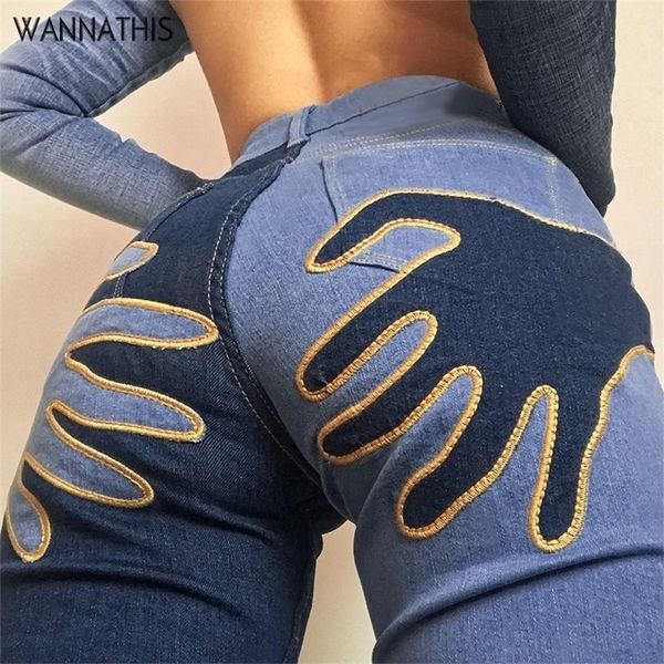 

wannathis denim patchwork womens flare baggy jeans palm art high waist pants vintage button streetwear harajuku pantalones 220607, Blue