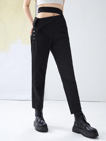 

x exordia high waist cut out button pants 07d3#, Black;white