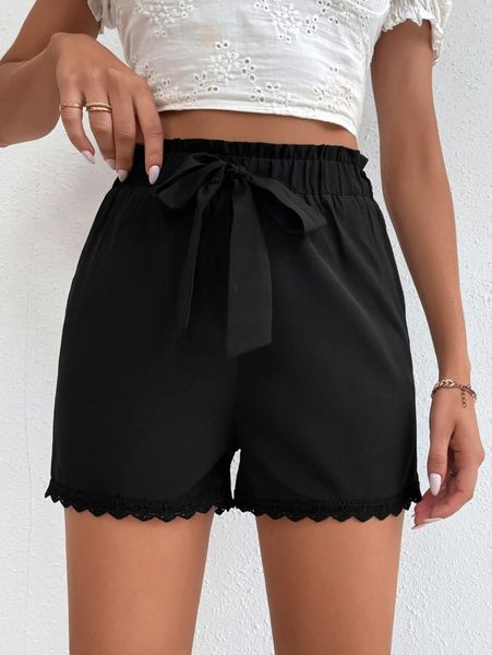 

tall tie paperbag waist guipure lace trim shorts e24h#, White;black