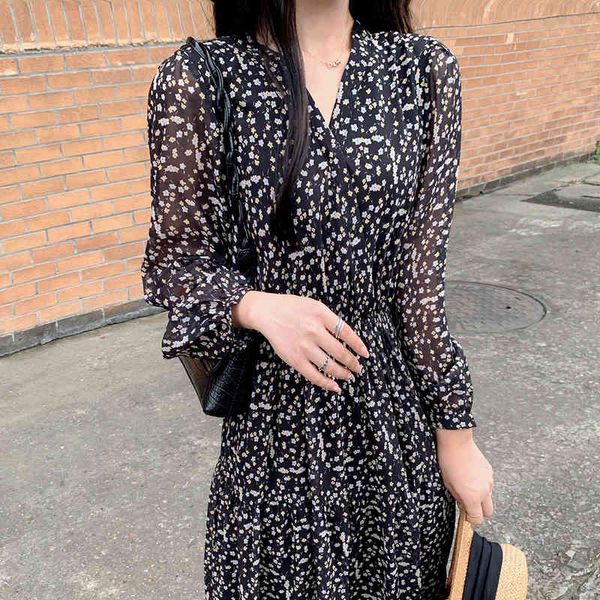

casual dresses spring chiffon floral skirt v-neck waist closed sweet mori long temperament small fresh dress 7cak, Black;gray