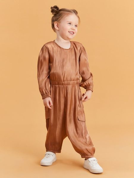 

toddler girls flap pocket side bishop sleeve satin jumpsuit she, Blue