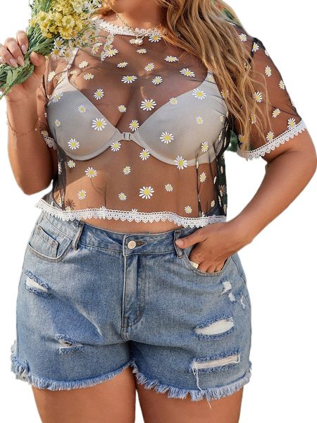 

plus floral print lace trim sheer n0jy#, Black