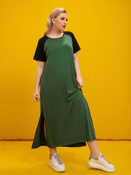 

plus colorblock raglan sleeve slit hem tee dress b2ef#, Black