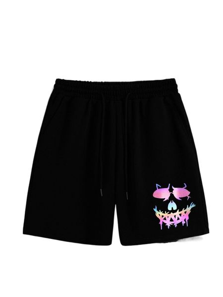 

men reflective expression print drawstring waist shorts a2g8#, White;black