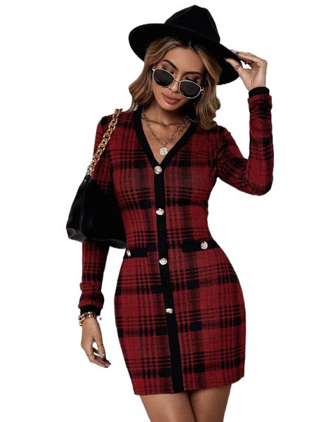 

plaid button bodycon dress q6zh#, Black;gray