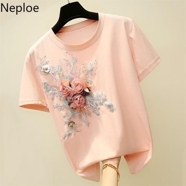 

neploe o neck flower embroidery pullover t shirt women loose causal pink short sleeve tees summer new cutton 49174 210322, White