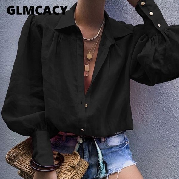 

women autumn blouse lantern sleeve turndown collar shirt casual elehgant office ladies workwear streetwear blusas y200402, White