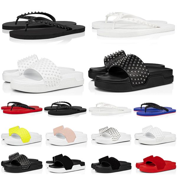 

with box luxury men designer slippers fashion slides triple black white spikes mens flat flip flops beach l platform sandals red bottoms sne