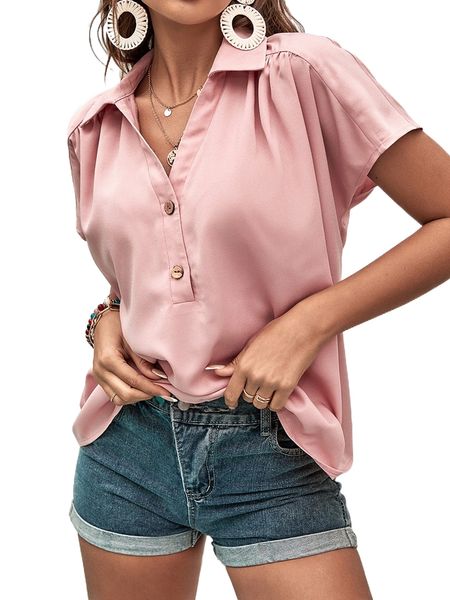 

plicated detail half button blouse 95hm#, White