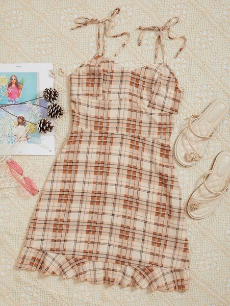 

plaid print tie shoulder zip back cami dress t9xv#, Black;gray